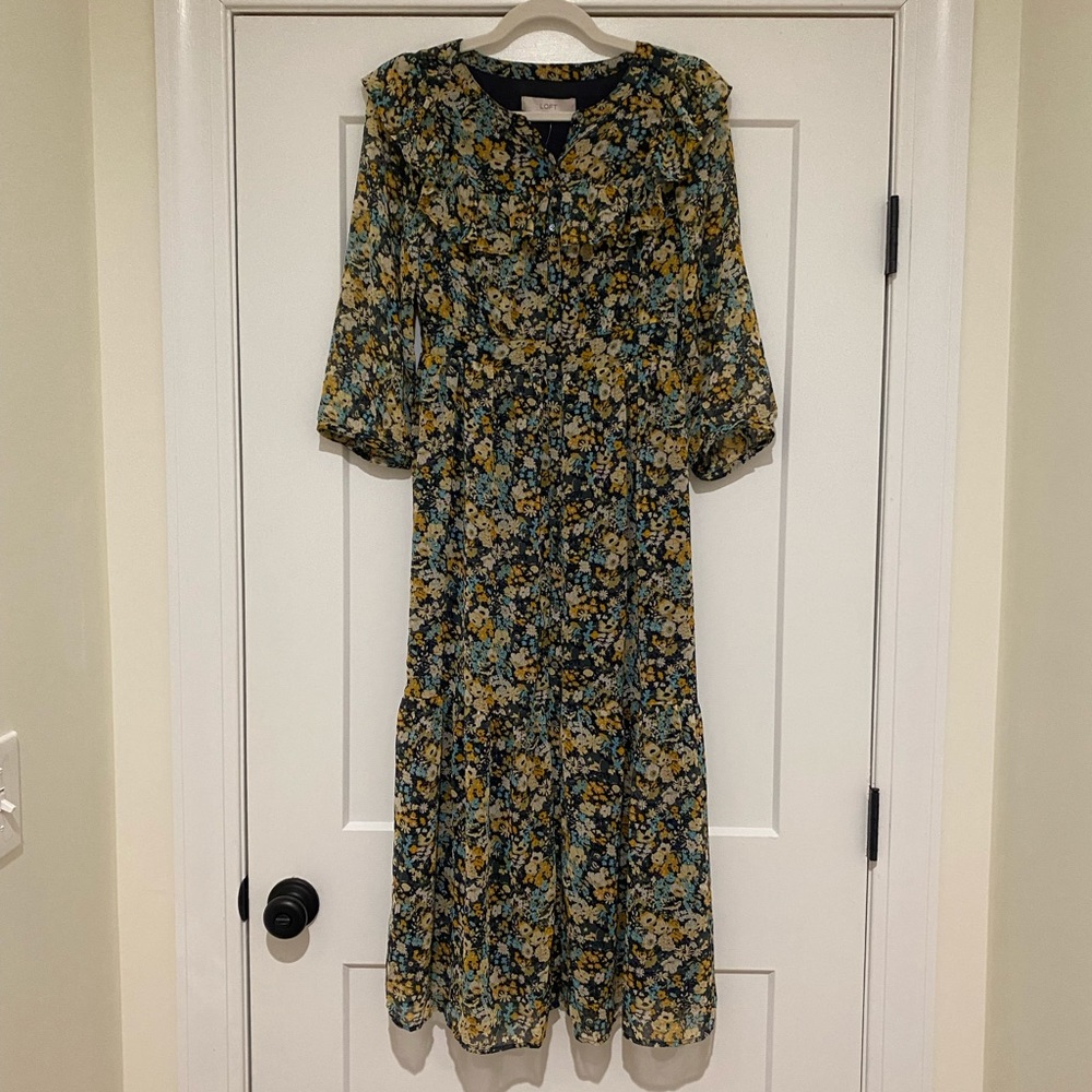 NWT Loft Floral Ruffle Midi Shirtdress - Picture 4 of 11